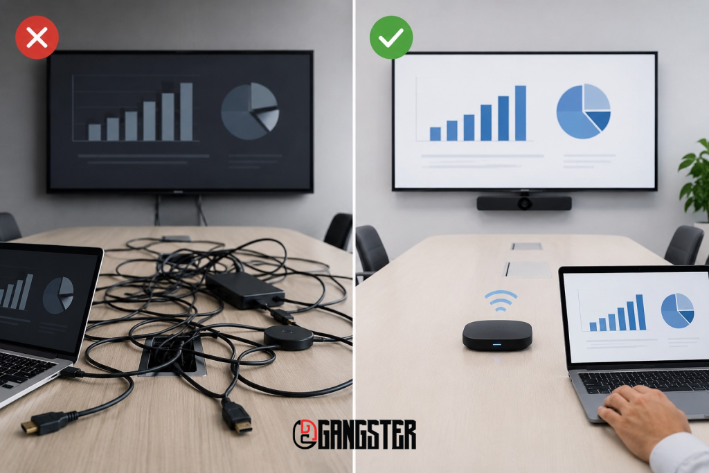โต๊ะประชุมรกด้วยสาย HDMI vs ขวา ห้องประชุมสะอาดไร้สาย